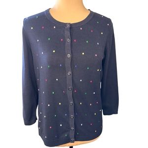 Talbots Navy Blue Colorful Embroidered Polk Dot Cardigan, Size M